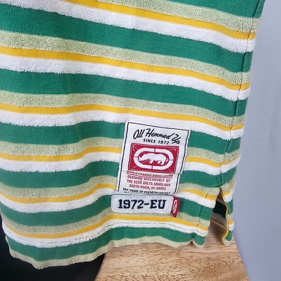 Vintage Y2K Ecko Unltd Shag Polo Shirt Green Yellow White Stripe XL Logo 72 - Picture 2 of 4